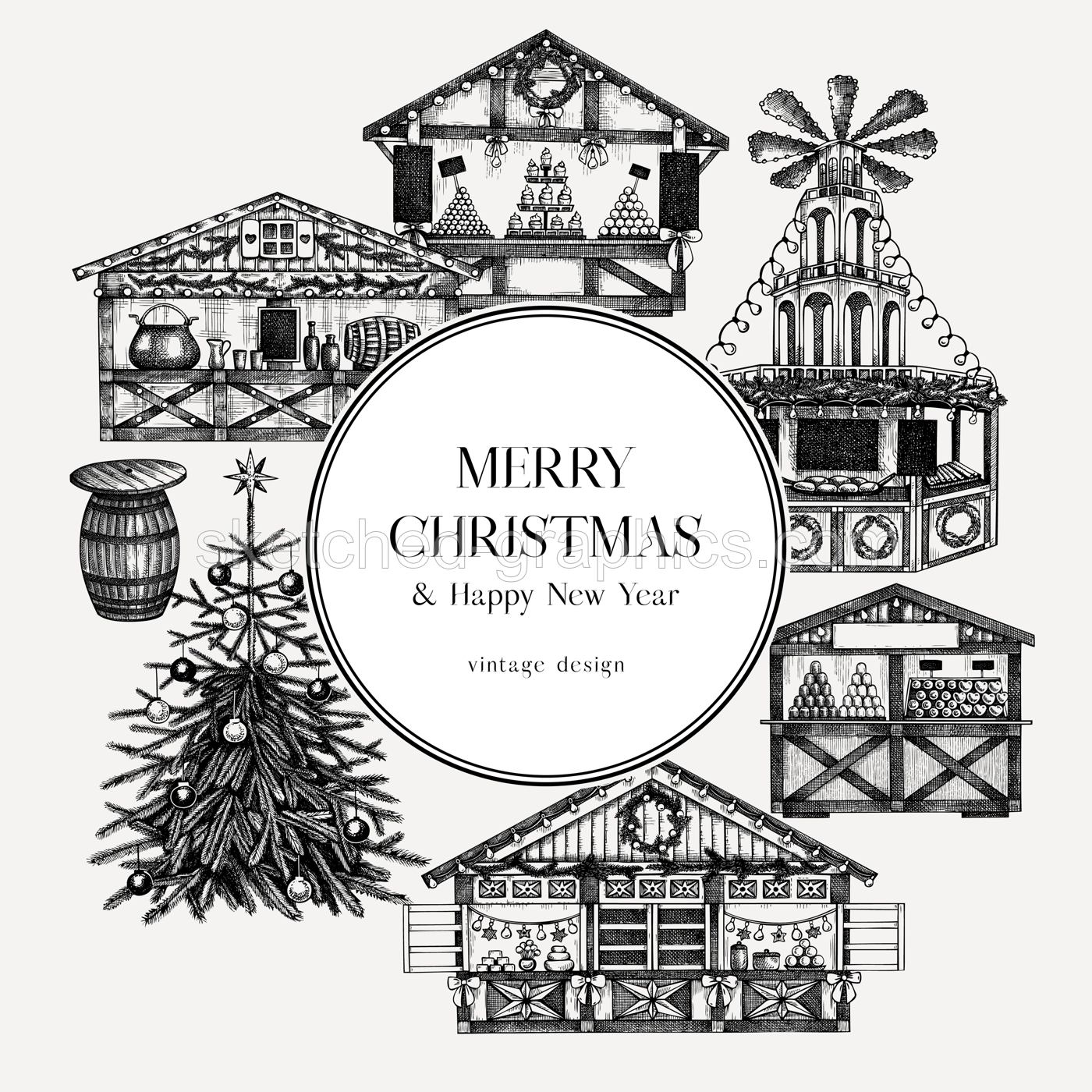 Vintage Christmas card or invitation template. Traditional European architecture. Christmas market with souvenir stalls, Christmas tree, fast food, candy shops sketches. Winter holidays background.  Illustration